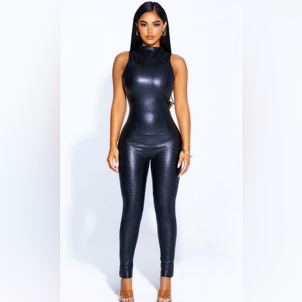 Naked Wardrobe. Size S. Crocodile Embossed black faux leather jumpsuit